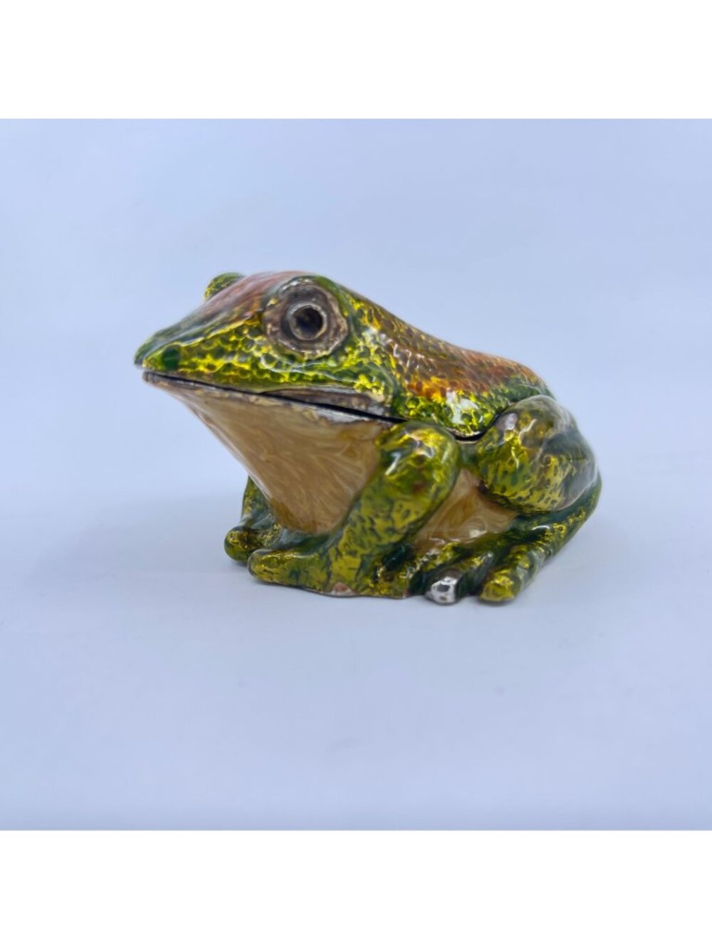 vintage enamel frog trinket box with hinged lid green & orange detailing - Picture 6 of 12